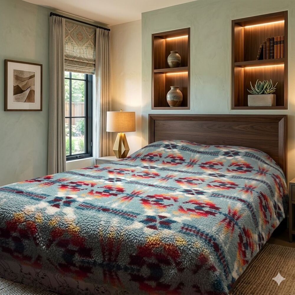 Pendleton Sherpa Fleece Throw Blanket Legend Lake Aqua Queen Reversible Aztec - Picture 5 of 6